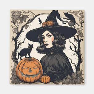 Vintage Pretty Halloween Witch with Black Cats Magnet