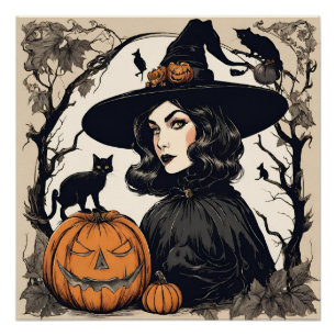 Vintage Pretty Halloween Witch with Black Cats Poster