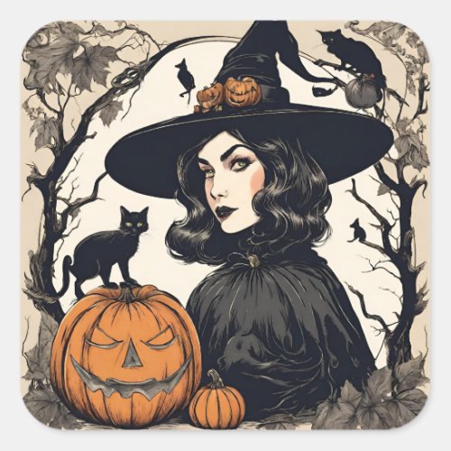 Vintage Pretty Halloween Witch with Black Cats Square Sticker