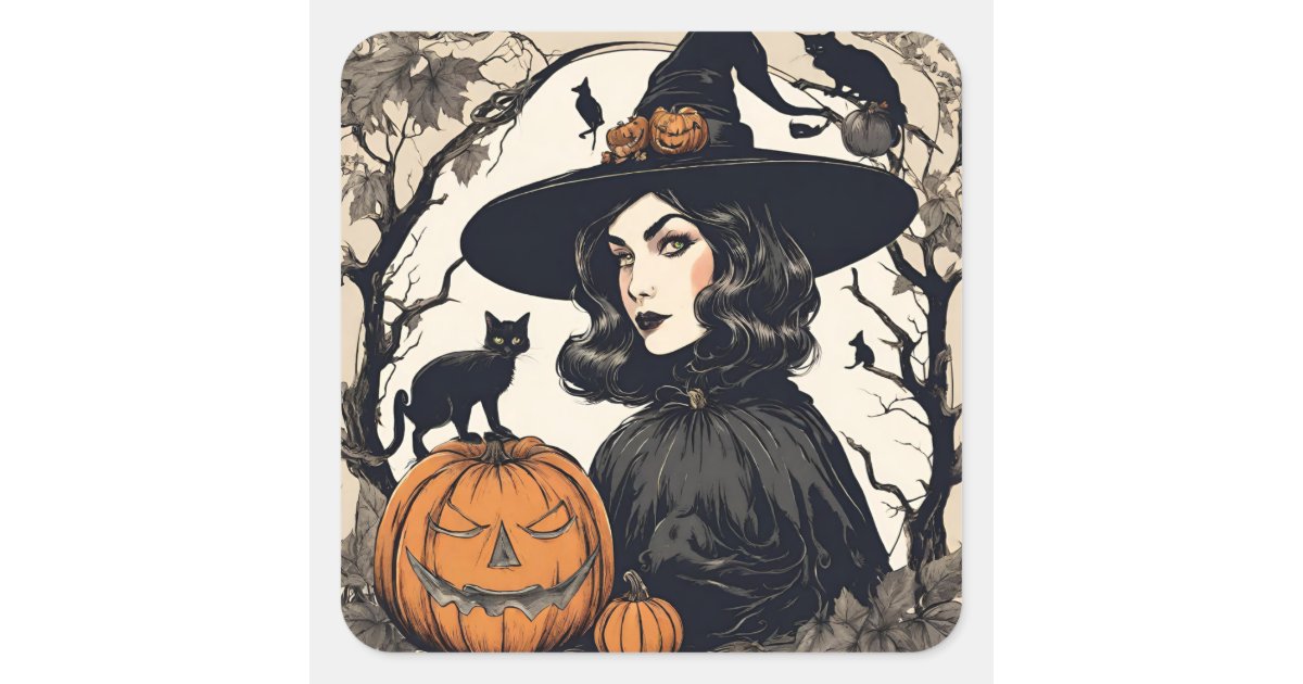 Vintage Pretty Halloween Witch with Black Cats Square Sticker | Zazzle
