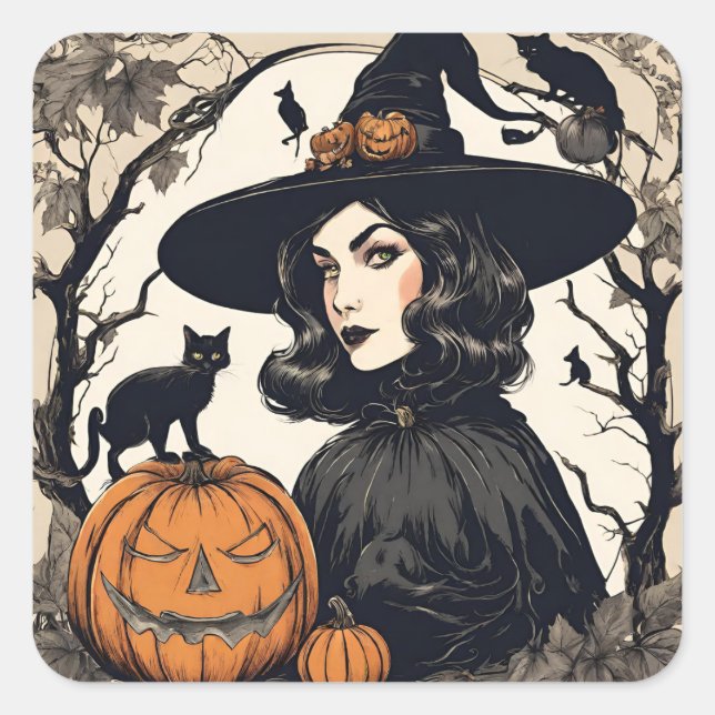 Vintage Pretty Halloween Witch with Black Cats Square Sticker (Front)