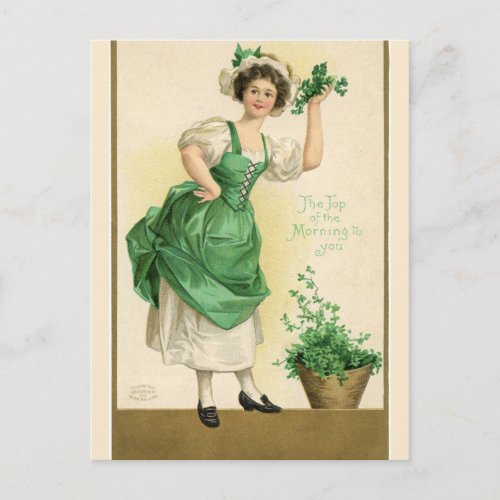 Vintage Pretty Irish Lady With Shamrocks Postcard