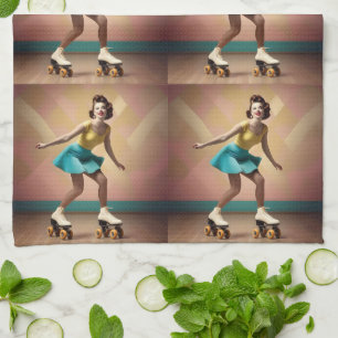 Vintage Pretty Lady Roller Skating Lets Roll, Kitchen Towel