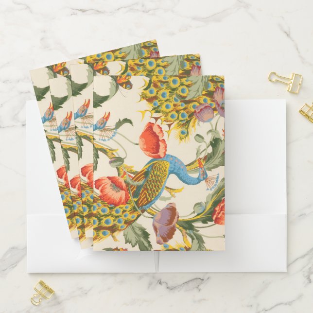Vintage Pretty Peacock and poppies illustrations Pocket Folder (In Situ)