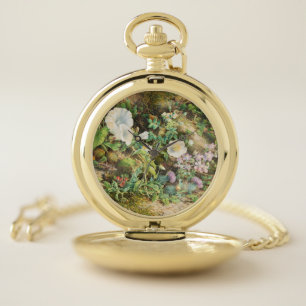 Vintage pretty petunias flowers floral painting pocket watch