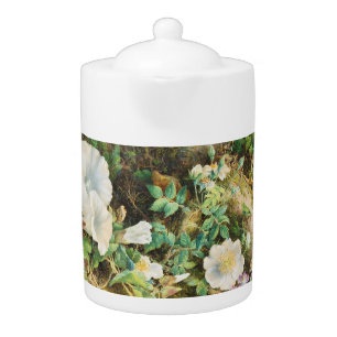Vintage pretty petunias flowers floral painting teapot