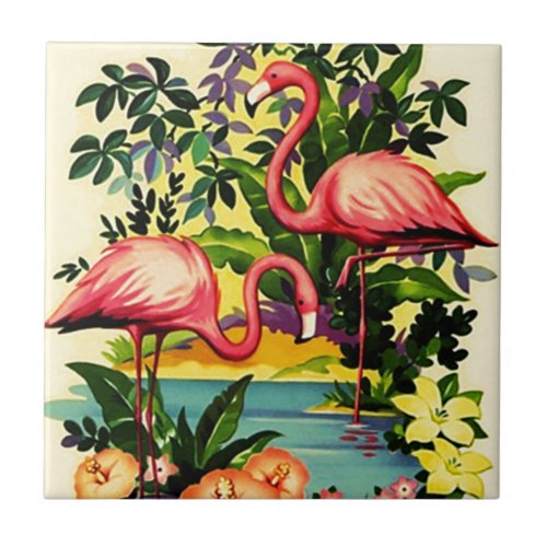 Vintage Pretty Pink Flamingos Tile for Gift Box