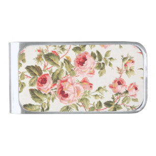 Vintage pretty pink roses floral pattern silver finish money clip