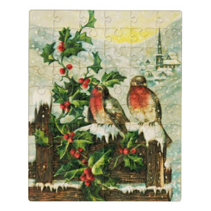 Vintage pretty snowy Holly and birds Jigsaw Puzzle