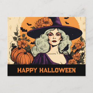 Vintage Pretty Woman Witch Flower Happy Halloween Holiday Postcard