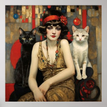 Vintage Pretty Woman With Black & White Cats