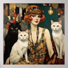 Vintage Pretty Woman With Black & White Cats
