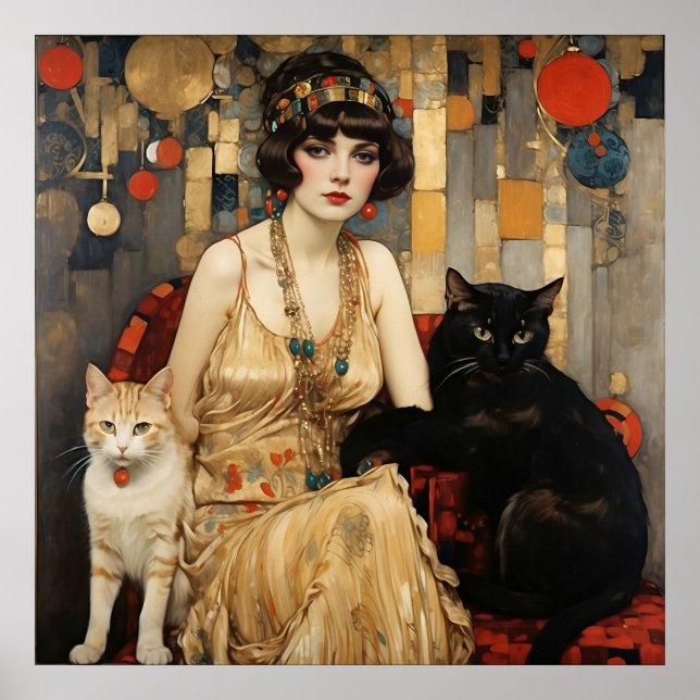 Vintage Pretty Woman With Black & White Cats Poster (Front)