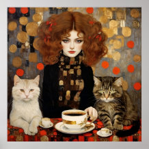 Vintage Pretty Woman With Cute Cats Coffee Art