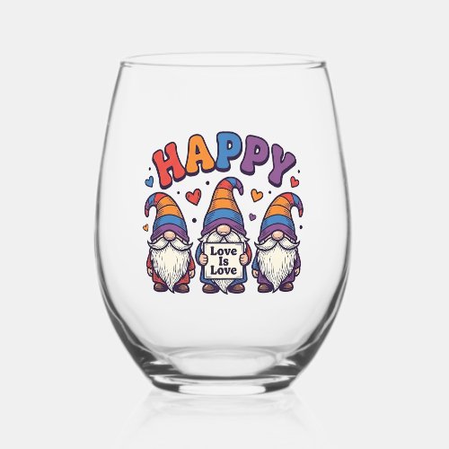 Vintage Pride Month Gnome Rainbow Shirt Design_1 Stemless Wine Glass