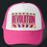 Vintage Pride Revolution Trucker Hat<br><div class="desc">Vintage style propaganda hot pink and white truckers cap featuring the words "REVOLUTION STARTS WITH LOVING YOURSELF" in bold pink text underneath a line of stars. A perfect addition to next pride outfit or to remind people everyday.</div>