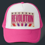 Vintage Pride Revolution Trucker Hat<br><div class="desc">Vintage style propaganda hot pink and white truckers cap featuring the words "REVOLUTION STARTS WITH LOVING YOURSELF" in bold pink text underneath a line of stars. A perfect addition to next pride outfit or to remind people everyday.</div>