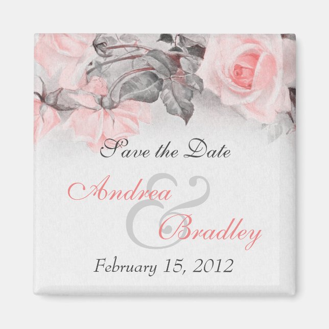 Vintage Primrose Pink Rose Wedding Magnet (Front)