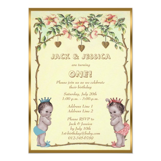 Vintage Prince And Princess Twins Birthday Invitation