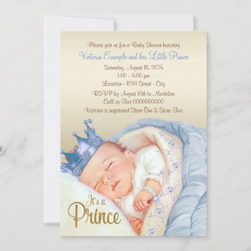 Vintage Prince Baby Blue Gold Baby Shower Invitation