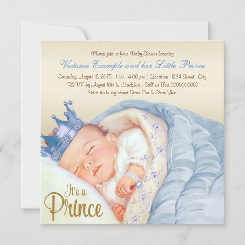 Vintage Prince Baby Blue Gold Baby Shower Invitation