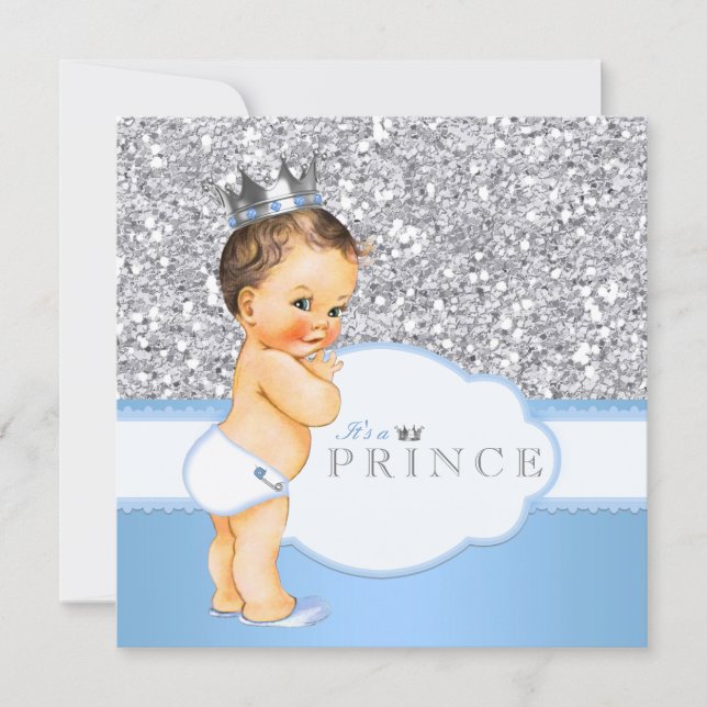 Vintage Prince Baby Shower Blue and Silver Invitation (Front)
