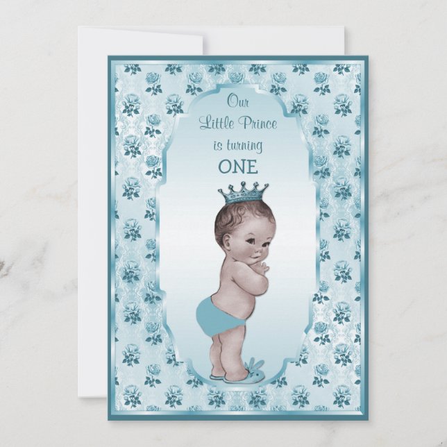 Vintage Prince Boy and Blue Roses 1st Birthday Invitation (Front)