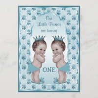 Vintage Prince Boy Twins Blue Roses 1st Birthday Invitation