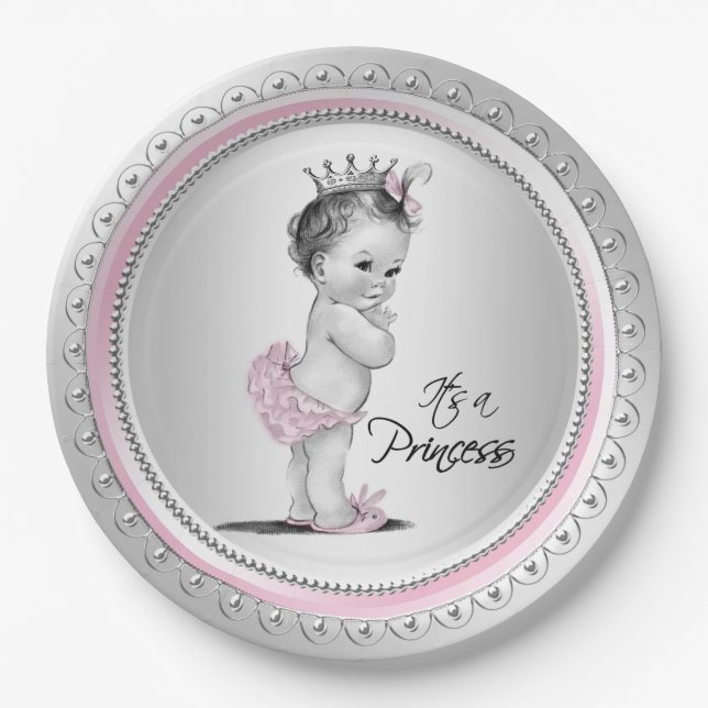 Vintage Princess Baby Shower Pink Silver Paper Plates (Front)