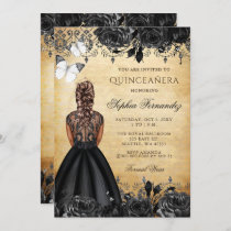 Vintage Princess Black Butterfly Quinceañera  Invitation
