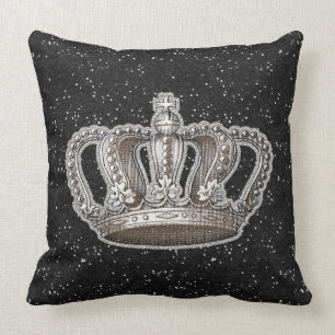 Vintage Princess Crown Black Faux Glitter Sparkle Throw Pillow