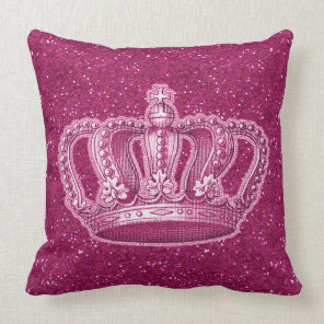 Vintage Princess Crown on Hot Pink Glitter Sparkle Throw Pillow