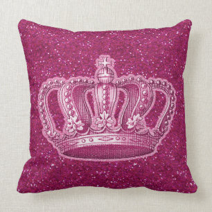 Vintage Princess Crown on Hot Pink Glitter Sparkle Throw Pillow
