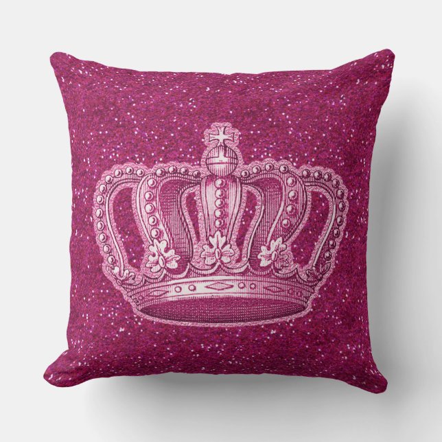 Vintage Princess Crown on Hot Pink Glitter Sparkle Throw Pillow (Front)