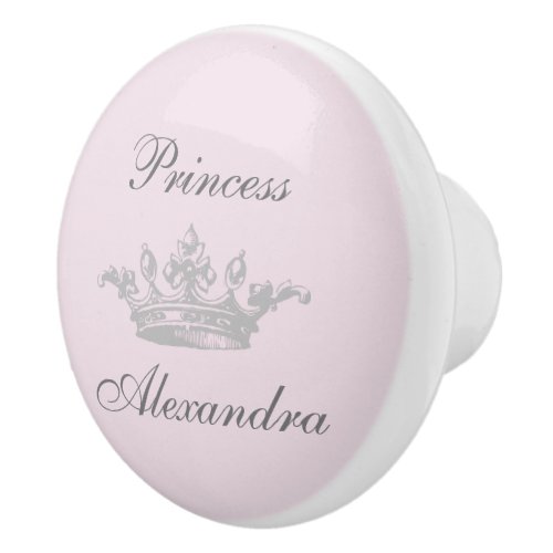 Vintage Princess Crown Pink  Gray Personal Name Ceramic Knob