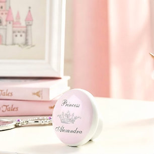 Vintage Princess Crown Pink & Gray Personal Name Ceramic Knob