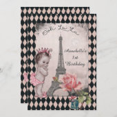 Vintage Princess Eiffel Tower Baby 1st Birthday Invitation (Front/Back)