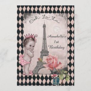 Vintage Princess Eiffel Tower Baby 1st Birthday Invitation