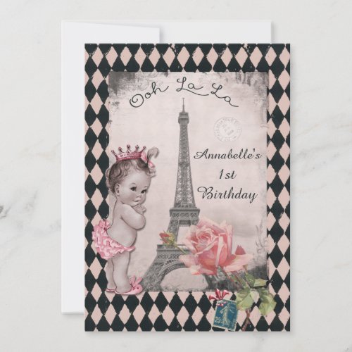 Vintage Princess Eiffel Tower Baby 1st Birthday Invitation
