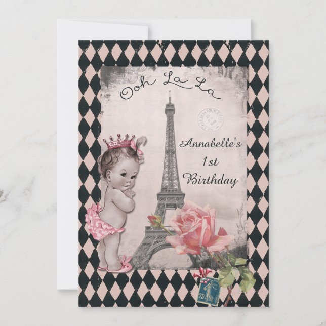 Vintage Princess Eiffel Tower Baby 1st Birthday Invitation (Front)