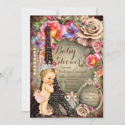 Vintage Princess Eiffel Tower Paris Baby Shower Invitation