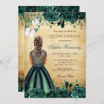 Vintage Princess Green Butterfly Quinceañera Invitation