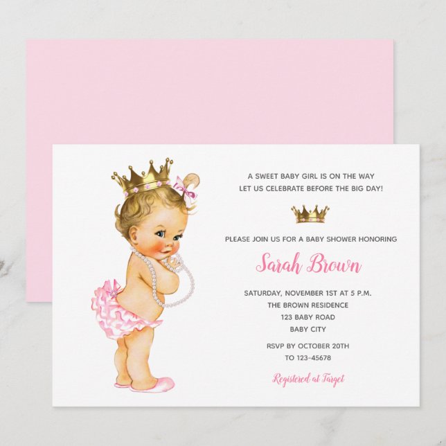 Vintage Princess Invitations Pink Blond Baby (Front/Back)