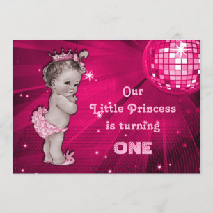 Vintage Princess Pink Disco Ball 1st Birthday Invitation