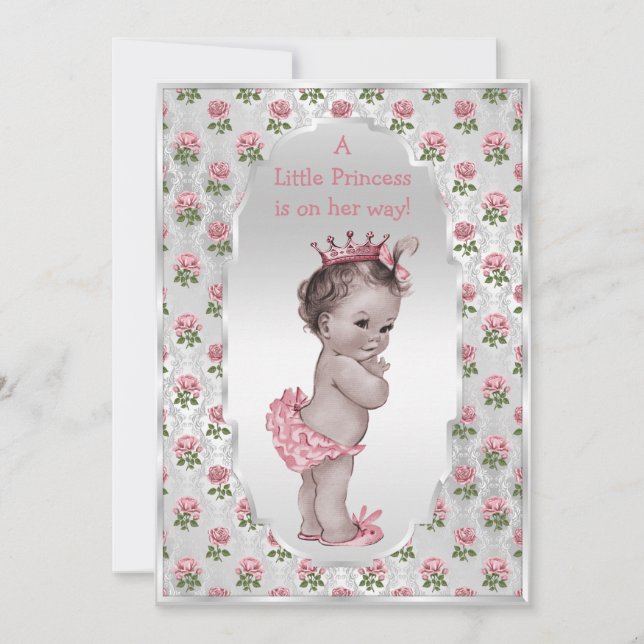Vintage Princess Pink Roses Silver Baby Shower Invitation (Front)