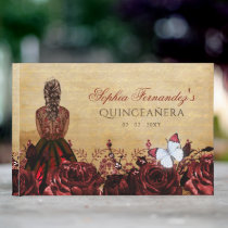Vintage Princess Red Butterfly Quinceañera  Guest Book