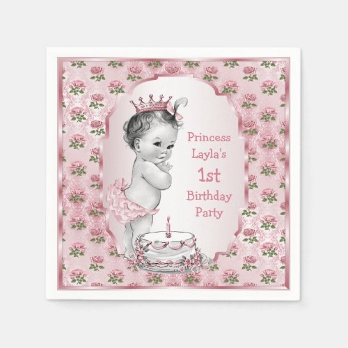 Vintage Princess Roses 1st Birthday Cake Pink Napkins