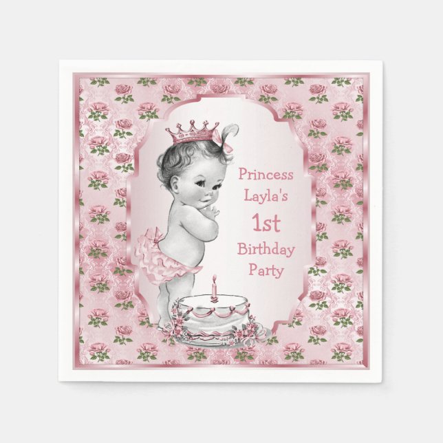 Vintage Princess Roses 1st Birthday Cake Pink Napkins (Front)
