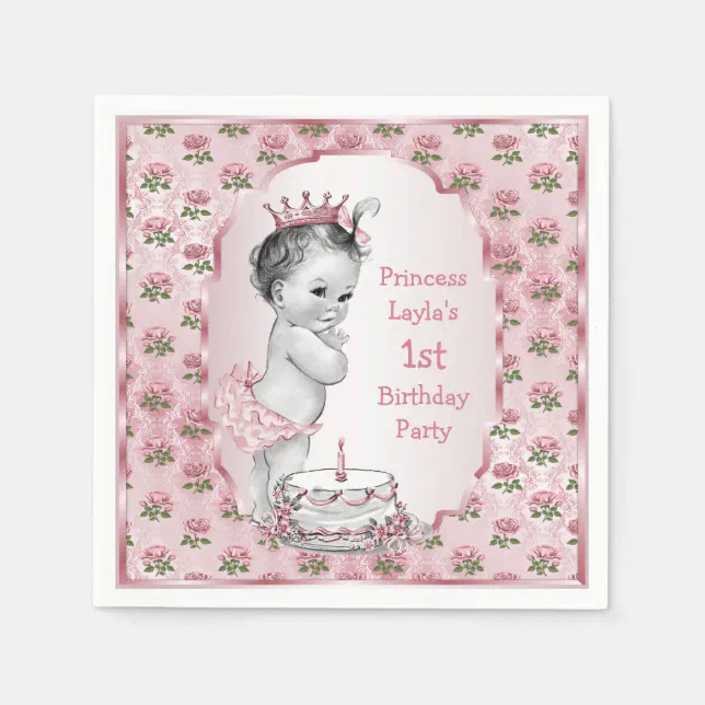 Vintage Princess Roses 1st Birthday Cake Pink Napkins | Zazzle
