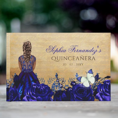 Vintage Princess Royal Blue Butterfly Quinceaera  Guest Book